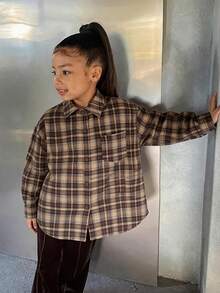 Dazy Kids Girls Plaid Collar Long Sleeve Woven Shirt, Tween Girl Fall Clothes - Brown - View 1