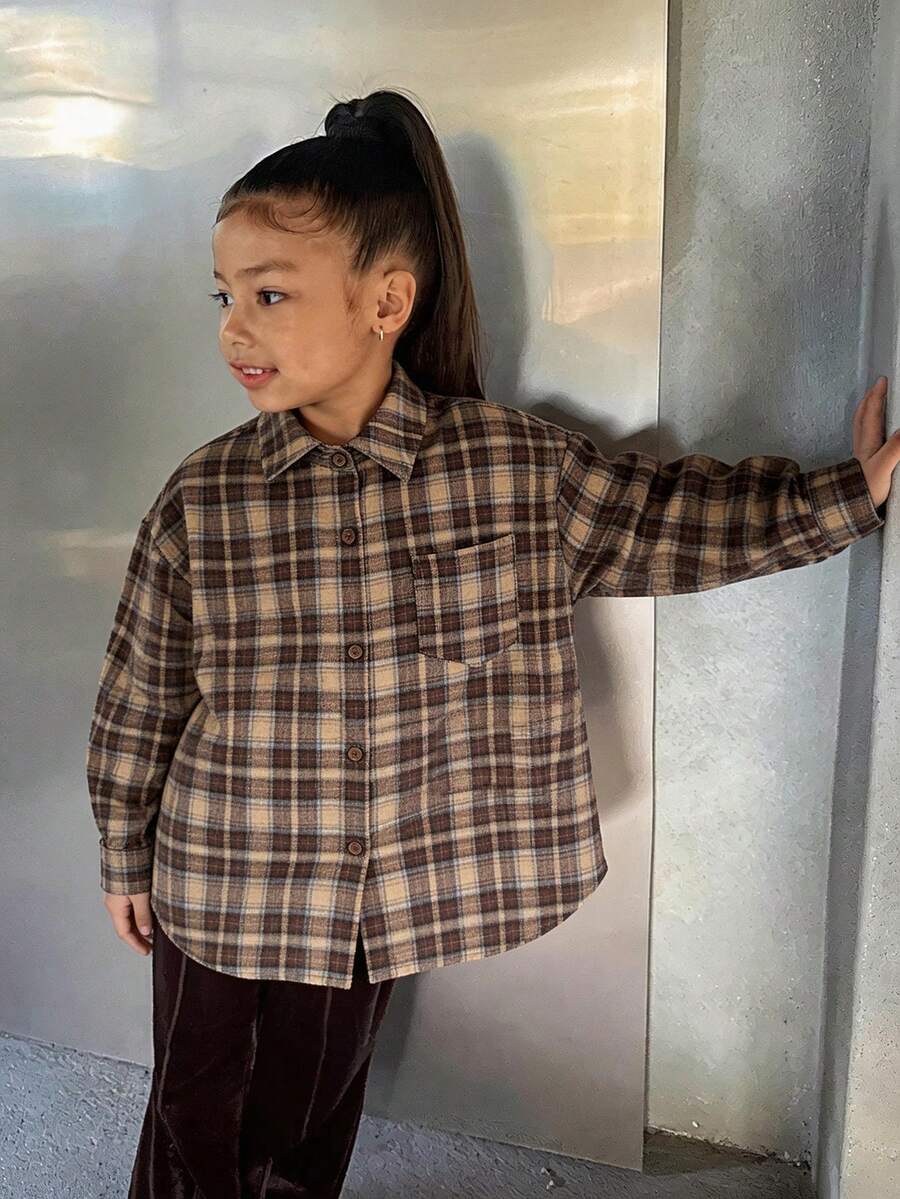 Dazy Kids Girls Plaid Collar Long Sleeve Woven Shirt, Tween Girl Fall Clothes - Brown - View 1