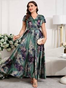 Reflora 大码女士优雅印花连衣裙，夏季婚礼宾客礼服 - 綠色 - 查看 6