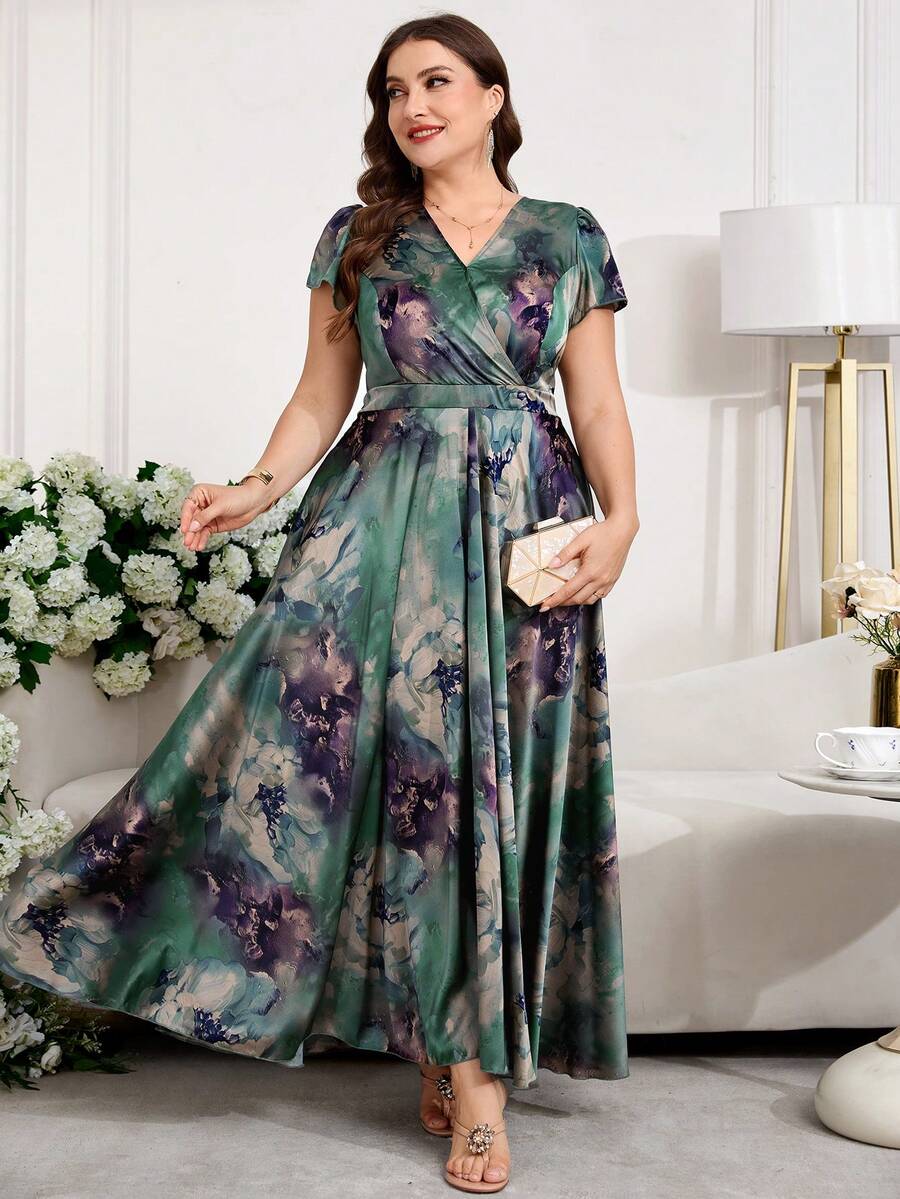 Reflora 大码女士优雅印花连衣裙，夏季婚礼宾客礼服 - 綠色 - 查看 1