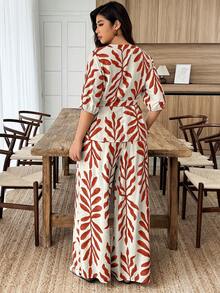 Weeklong Plus Size Women's Solid Color Leaf Print Shirt And Straight Leg Pants Casual Vacation 2-Piece Set, Spring/Summer - Multicolor - View 2