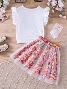 少女卡通印花T恤和碎花网纱裙两件套 - 彩色 - 查看 2