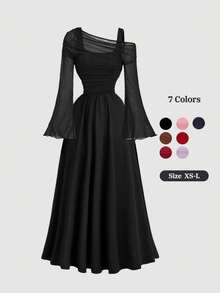 SHEIN MOD 杏色露肩网纱二合一喇叭袖长袖女式连衣裙，西部风，复古风，70年代风格，单身女郎 - 黑色 - 查看 5