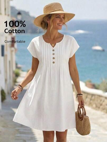 EMERY ROSE Women's Solid Color Button Design Bat Sleeve Casual Short Dress Beach Vacation Outfits For Women  Vacation Outfits Women Casual Dress For Women White Dress For Women Womens Summer Dresses 100 Percent Cotton Women Dress Women Beach Dress Resort Wear Women Women Casual Dresses