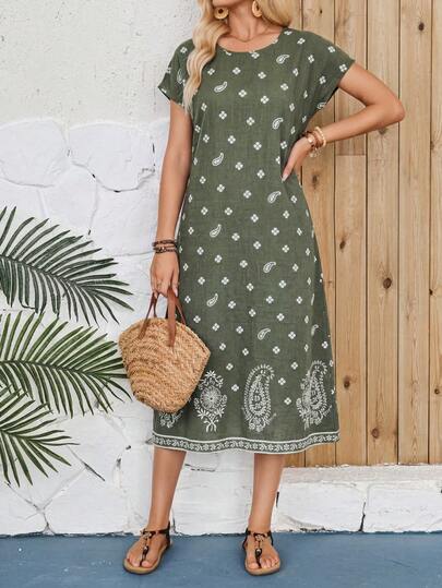 EMERY ROSE Women's Casual Vacation Cashew Flower Print Mid-Length Dress