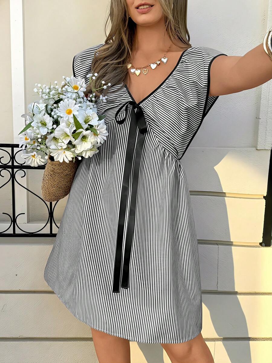 SHEIN Frenchy Plus Size Women Brown Knotted Casual Vacation Dress Gym Summer - Black - View 1
