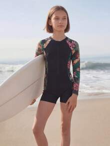 SHEIN Tween 女童热带植物印花修身短袖连体泳衣，休闲度假，适合春夏旅行，海滩度假，黑色泳衣 - 黑色 - 查看 8