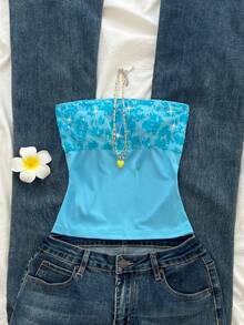 SHEIN Unity 1 chiếc áo quây kiểu Mỹ màu đen, phong cách thường ngày, thích hợp cho tiệc năm mới, tiệc chiêu đãi, đính sequin và phối nhiều mảnh, hở lưng, eo co giãn, gợi cảm, lãng mạn, thích hợp cho tiệc cocktail dành cho nữ. - Màu xanh nhạt - Xem 5