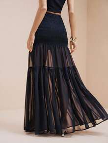 Arave Women's Chiffon Fabric Regular Waist Flared See-Through Overlay Design Casual Skirt - Navy Blue - View 5