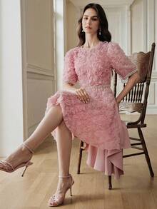 Anewsta Spring Romantic Elegant Ball Party Waist Fitted Petal Sleeve Mid-Length Dress For Women - Pink - View 6