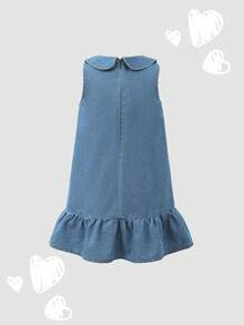 Elladie kids 幼女無袖牛仔洋裝，中洗藍色愛心印花彼得潘領荷葉邊下擺棉質太陽裙，返校休閒可愛夏季穿搭 - 淺色水洗藍 - 查看 3