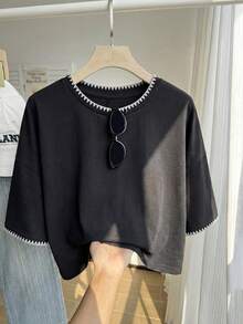 Comfortcana 休闲圆领短袖露脐女式T恤，适合夏季穿着 - 黑色 - 查看 3