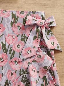 SHEIN Babygirl Summer Cute Ditsy Floral Skirt And Knit Top Set - Multicolor - View 5