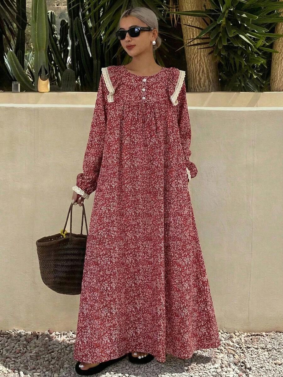 Spring Ditsy Floral Ruffle Hem Nightgown Pajama, Moo Moo, For Fall, Winter - Red - View 1