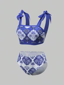 Swim Oasis 2026新款复古印花棕榈树图案女士度假沙滩椰树印花泳装套装，优雅休闲沙滩假日装扮，音乐节装扮，度假装扮，海边约会装扮，假日装扮，性感，优雅，休闲装扮，沙滩派对装扮，泳池派对装扮，女士沙滩装扮，女士度假套装，女士夏季装扮，女士夏季泳装套装 - 彩色 - 查看 6