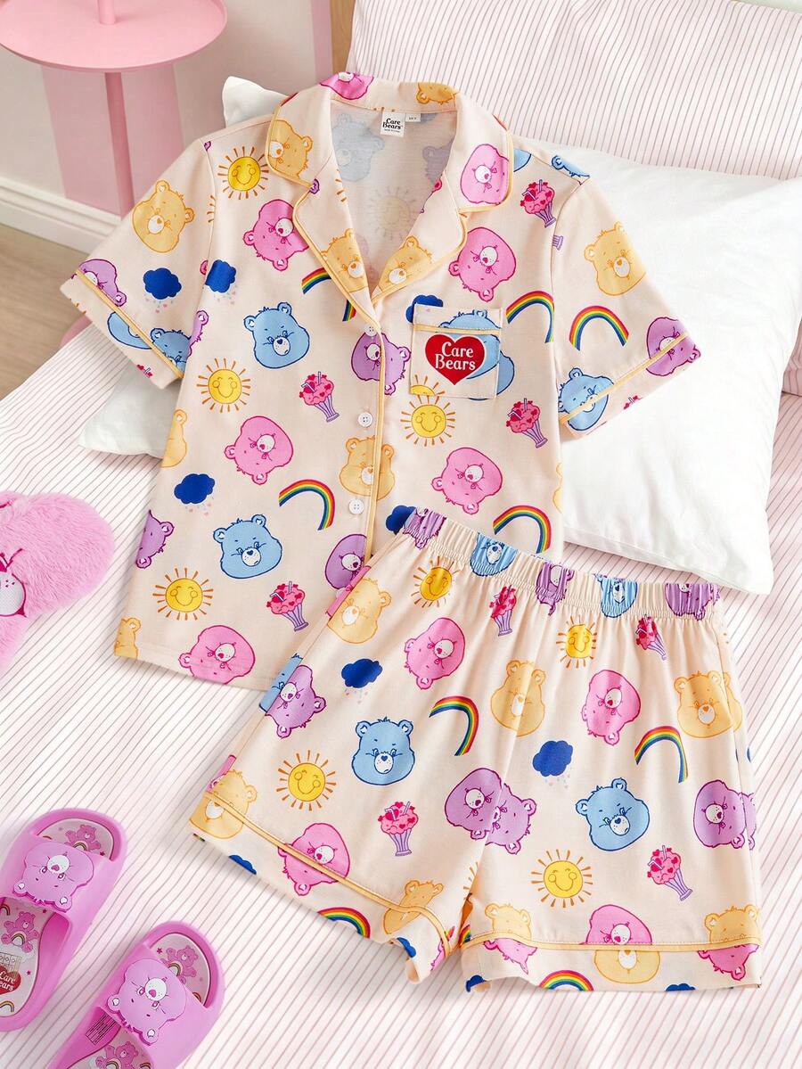 SHEIN X Care Bears Tween Girl Bear Print Short Sleeve Top And Shorts Pajama Set - Yellow - View 1