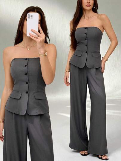 SHEIN Tall Bộ gồm áo hai dây ôm sát màu trơn và quần tây thanh lịch, thích hợp cho mùa thu/đông.