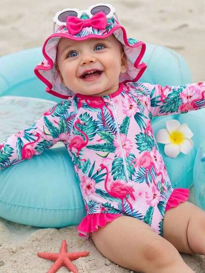 SHEIN Este conjunto de 2 piezas incluye un sombrero. El lindo traje de baño de manga larga para niña bebé con diseños de dibujos animados y estampados divertidos es perfecto para primavera y verano, adecuado para uso en casa, actividades al aire libre, viajes, vacaciones, fiestas en la playa y talla grande.