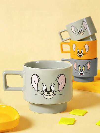 TOM & JERRY X SHEIN 1個 375ml スタッカブル カートゥーン柄 マグカップ、耐熱・耐冷性、電子レンジ・食洗機使用可、水、牛乳、ジュース、コーヒーなどに適しています