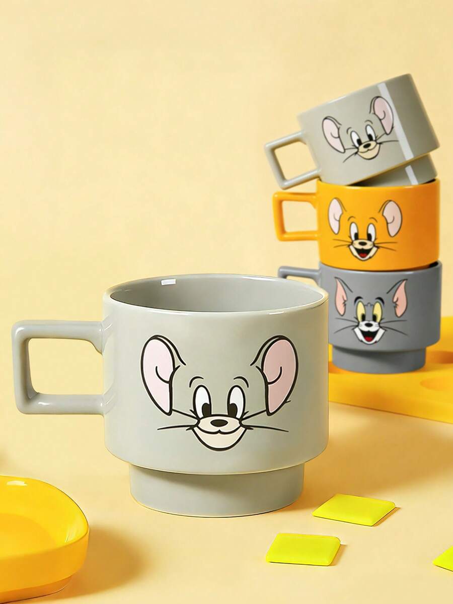 TOM & JERRY X SHEIN 1个12.7盎司/375毫升可叠放卡通图案印花马克杯,耐冷耐热,可用于微波炉和洗碗机,适用于盛装水、牛奶、果汁、咖啡。 - 灰色 - 查看 1