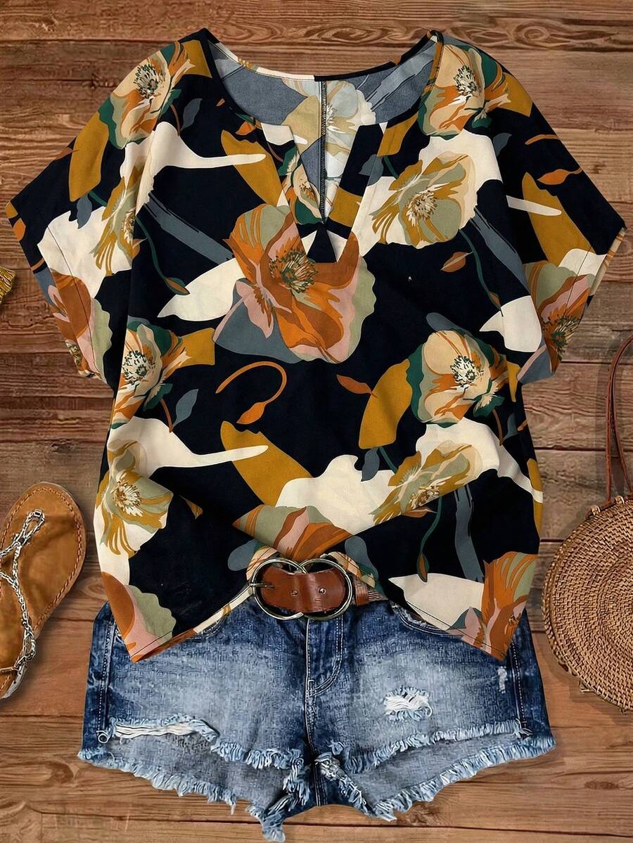 Linhara Camisa de manga de murciélago con cuello recortado y estampado geométrico aleatorio para tallas grandes - Multicolor - Ver 1