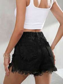 SHEIN ICON Quần short denim nữ cỡ lớn, có túi, cài nút, gấu quần tua rua, kiểu dáng thường ngày, đa năng. - màu đen - Xem 2