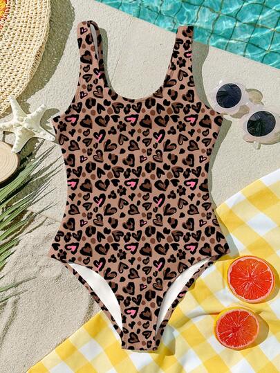Maillot de bain une pièce minimaliste vintage pour préadolescentes, imprimé cœur et léopard, convient pour la piscine en été, les vacances, les sources chaudes