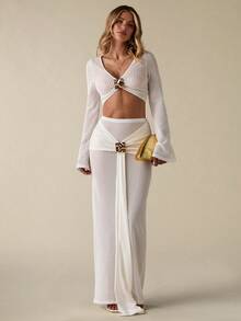 SHEIN BAE Bộ đồ 2 món dành cho nữ đi nghỉ mát biển: Áo croptop và chân váy ngắn. - trắng - Xem 1