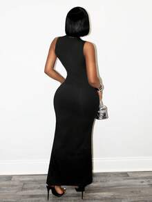 SHEIN PETITE Đầm hai dây buộc eo xẻ tà khoét lỗ dành cho nữ - màu đen - Xem 2