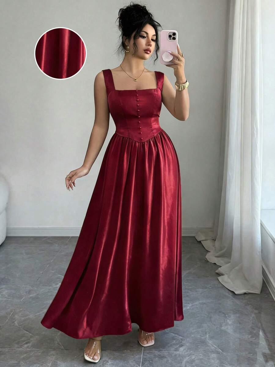 SHEIN Elenzya 大码女式夏季法式复古优雅方领A字连衣裙，带口袋，红色复古优雅度假连衣裙 - 酒紅色 - 查看 1
