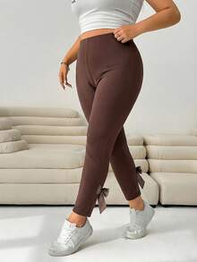 Plus Size Women Casual Commuter Minimalist Solid Color High Waist Bow Decor Slit Hem Skinny Ankle Pants - Chocolate Brown - View 4