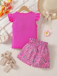 SHEIN Elladie kids Bộ đồ 2 món cho bé gái: Áo len cổ tròn tay phồng màu hồng + Quần short họa tiết hoa nhí thắt nơ màu hồng, thích hợp cho các hoạt động dã ngoại và vui chơi hàng ngày, phù hợp cho bé gái từ 4-7 tuổi, mùa xuân/hè. - Màu Hồng Tươi - Xem 2