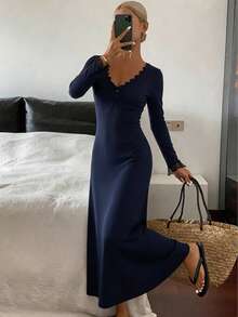 DAZY Charming Lace Patchwork Ruched Waist Long Dress Nightgown For Women Pajama - Navy Blue - View 3