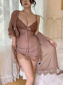 Mesh Contrast Lace Sexy Lingerie Set Pajama Valentine's Day - Dusty Pink - View 3