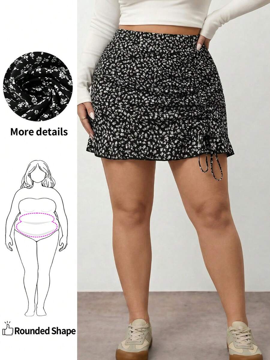 Enliva Falda de playa de vacaciones con detalles de cordón y estampado floral diminuto, para vacaciones de verano, para mujeres de talla grande y silueta redondeada - Negro - Ver 1