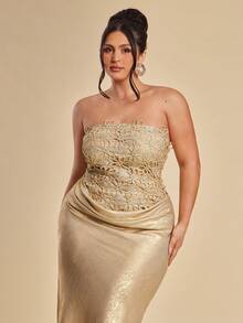 SHEIN BAE Vestido de fiesta elegante con cintura recogida y cola de pez para mujer de talla grande - Dorado - Ver 5