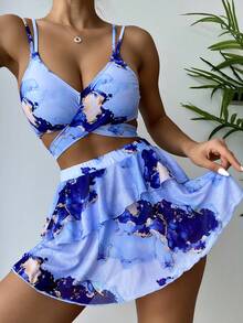 Vaytide In Đá cẩm thạch Bộ Bikini Bọc Dây đeo kép Hai Dây Bras & Hipster Đáy & Nhiều lớp Váy bãi biển 3 mảnh Bộ đồ tắm - Màu xanh bụi bặm - Xem 6