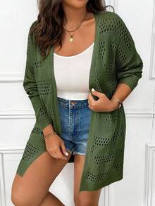 Elenzga Plus Size Women Solid Color Casual Versatile Long Sleeve Cardigan Fall - Green - View 4