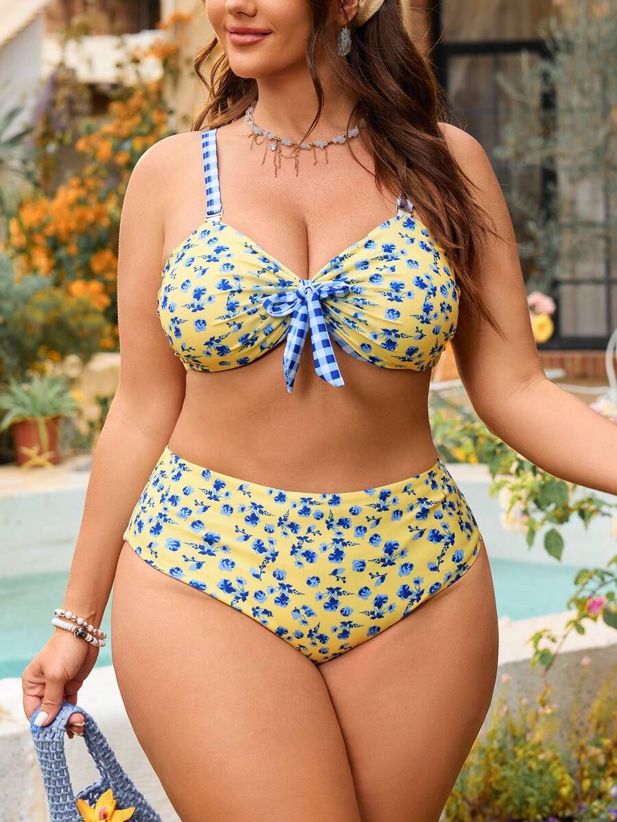 Swim Mod Conjunto de bikini reversible a cuadros amarillo y azul 2026, traje de baño sexy para vacaciones - Multicolor - Ver 1