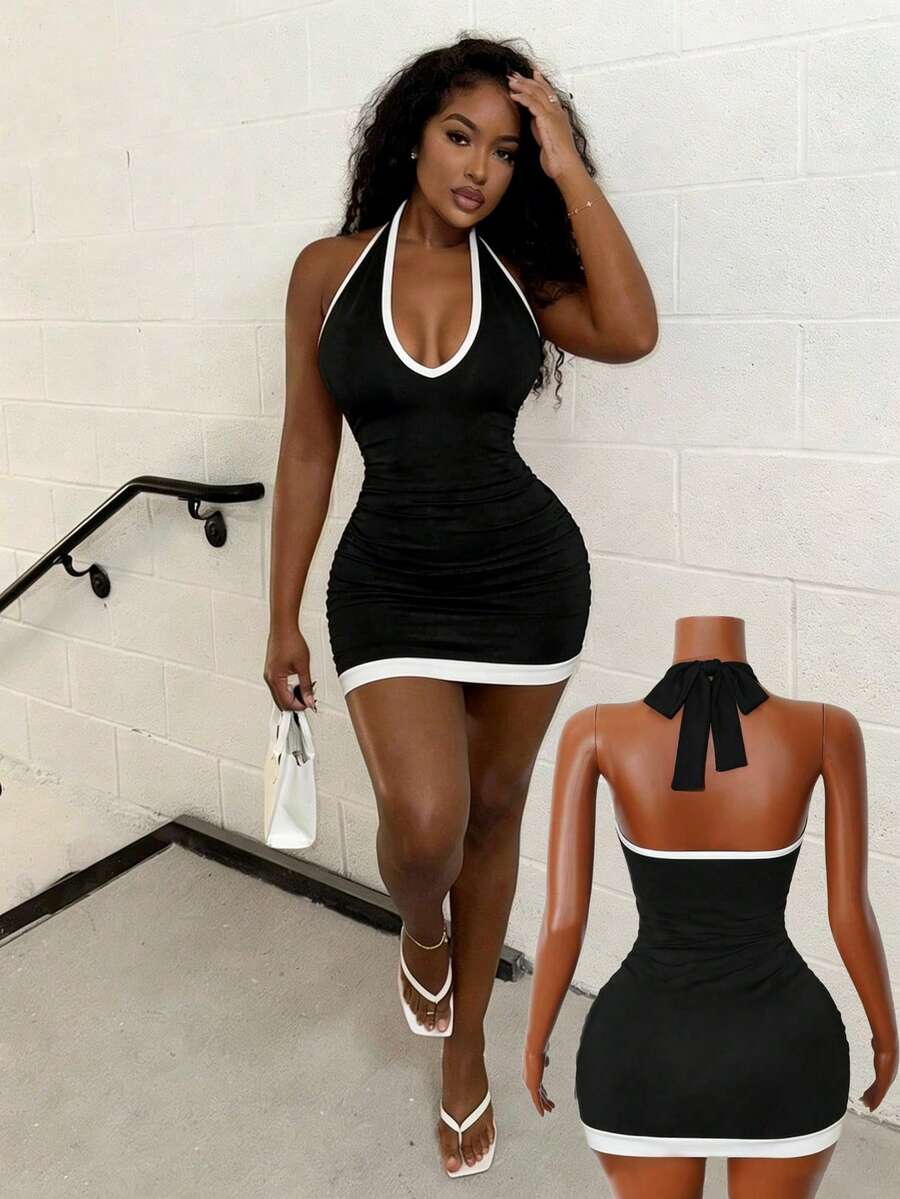 BamGleam 夏季新款音乐节性感吊带蕾丝边金属扣拼接修身迷你连衣裙 - 黑與白 - 查看 1