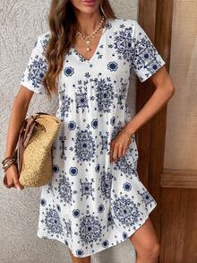 EMERY ROSE Women's Casual Vacation Allover Print Mini Dress - Blue and White - View 4