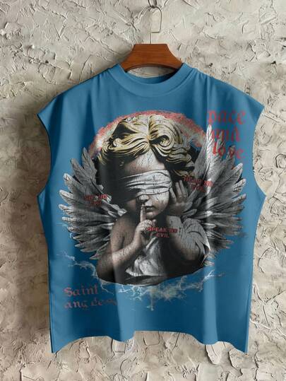Manfinity Roghcode Camiseta de tirantes con diseño gráfico de alas de ángel para hombre, estilo callejero americano con eslogan