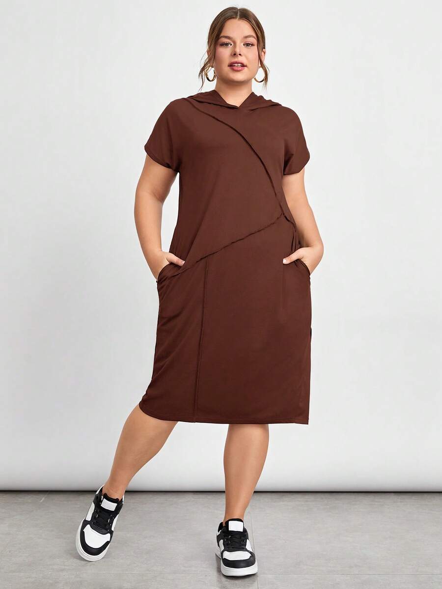 SHEIN Essnce 大码女式拼接缝线设计宽松休闲连帽连衣裙 - 駝色 - 查看 1