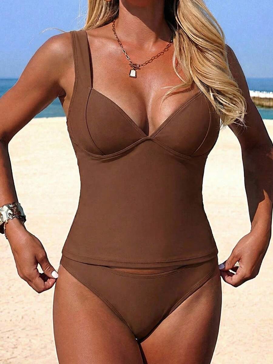Swim Lushoire Women's Summer Tankini Swimwear Set,Coffee Brown Solid Camisole 2 Pieces Bathing Suit,Full Coverage Tummy Control Tropical Beach Vacation Holiday - Brown - View 1