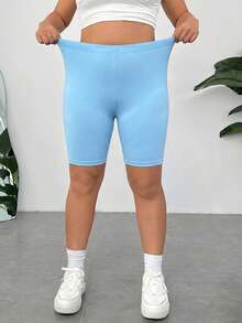SHEIN EZwear 大码女式纯色休闲百搭日常修身短裤 - 藍色 - 查看 4
