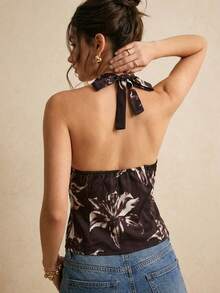 Poéselle 棕色碎花吊带背心，圆环细节深V无袖上衣，夏季外出派对碎花背心，棕色碎花吊带背心，性感深V无袖上衣，夏季外出派对碎花背心，百合印花吊带背心，法式上衣，2026新款，碎花吊带上衣，女士夏季上衣，性感女士上衣 - 棕色 - 查看 3