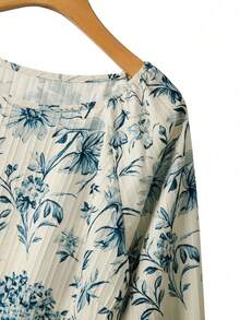 Linhara 大码女式兰花图案短袖蝴蝶结休闲衬衫 - 彩色 - 查看 7