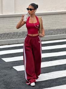 Muchica Bộ đồ nữ mùa hè kiểu dáng thường ngày gồm áo croptop không tay và quần ống rộng kẻ sọc. - Màu Đỏ Sâu - Xem 3