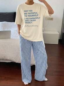 DAZY Letter Graphic Print Decor Loose T-Shirt And Plaid Straight Leg Pants Loungewear Set Pajama - Yellow - View 2