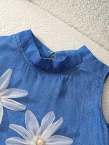 SHEIN Bộ đồ 2 món cho bé gái màu vàng tươi, gồm áo không tay họa tiết hoa và quần ống rộng thoải mái, thích hợp cho mùa xuân/hè. - Màu xanh lam - Xem 5